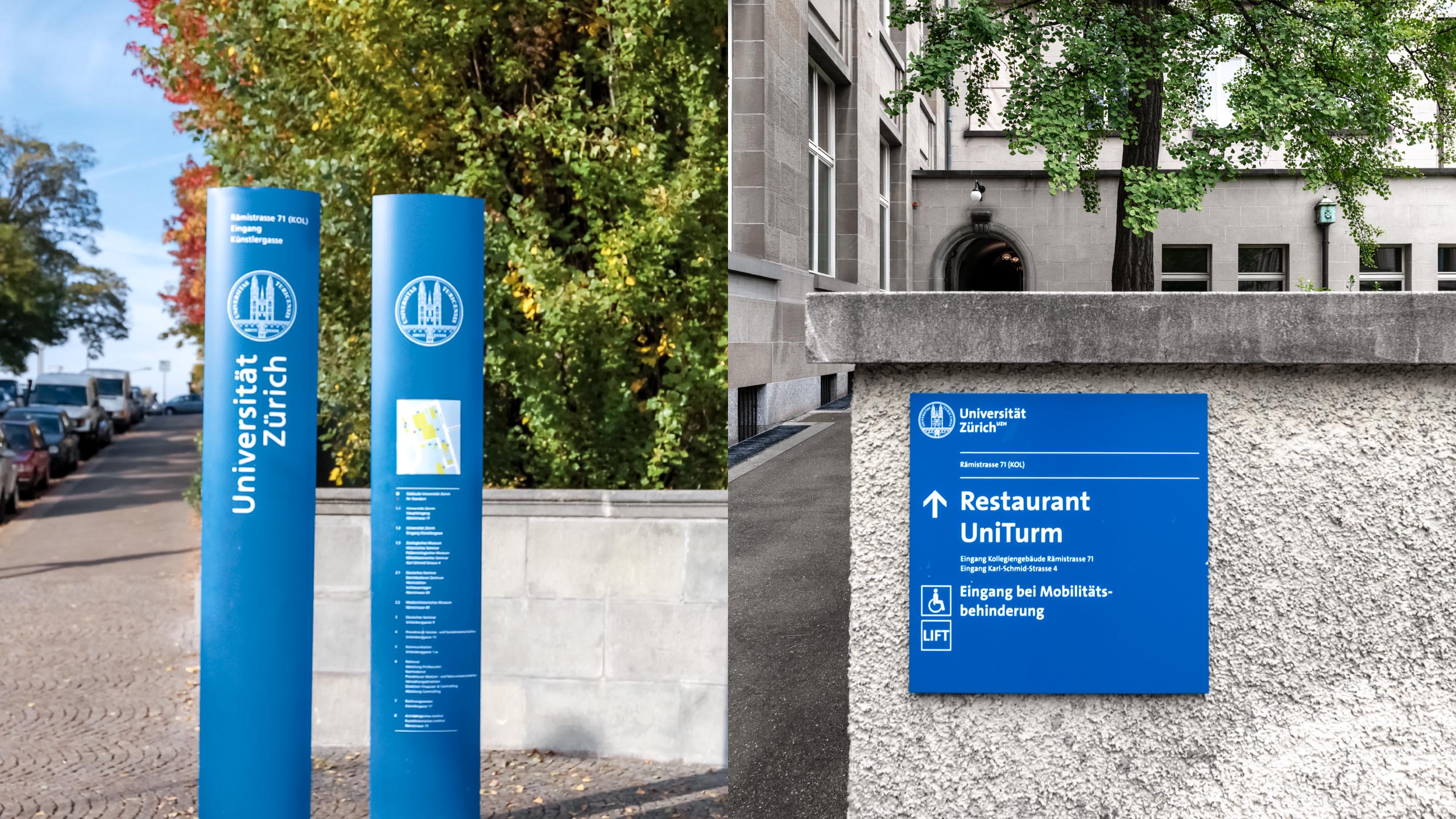 Universität Zürich, Signaletik, Leitsystem, Beschriftung, Information und Wegweisung, Beschriftungs- und Reklamekonzepte, Branding, Logodesign, Logo, Signaletikrichtlinien, Grafik